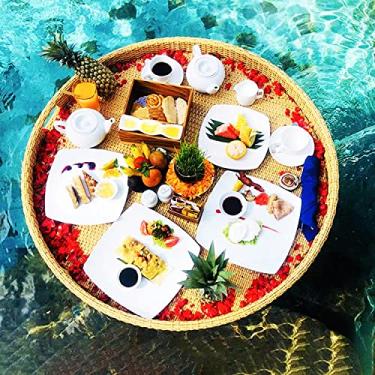 Imagem de Bandeja de piscina flutuante tecida bandejas de servir flutuantes barra de mesa redonda flutuantes para bancos de areia spas banho e festas