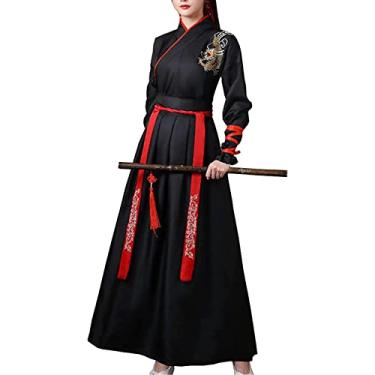Imagem de Lazutom Vestido feminino chinês Hanfu antigo da dinastia Tang cosplay feminino artes marciais vestido chique, Preto, 4X-Large