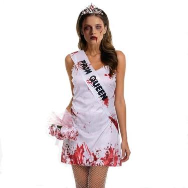 Imagem de Fantasia assustadora de fantasma de noiva de Halloween para mulheres, vestido branco ensanguentado, coroa de rainha, faixa de cabeça, buquê de flores, conjunto de faixa de formatura, princesa
