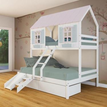 Imagem de Beliche Casal/ Solteiro Casinha Bela 02 Gavetas Kit Escada/Escorregado