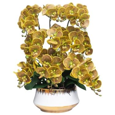 Imagem de CXGS Orquídeas Flor artificial de toque real orquídea falsa em vaso de cerâmica grande 60 cm manchas amarelas falsas Phalaenopsis arranjos florais mesa de centro de mesa decoração interna para casa