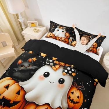 Imagem de Erosebridal Capa de edredom de Halloween Queen Ghotic Pumpkin Conjunto de cama para crianças, meninos e meninas, capa de edredom com laço fofo fantasma gato preto animal capa de edredom 3 peças