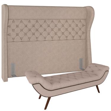 Imagem de Kit Cabeceira Cama Box Casal 140 cm Madrid com Puff Recamier Santorini P05 Linho Bege - Lyam Decor