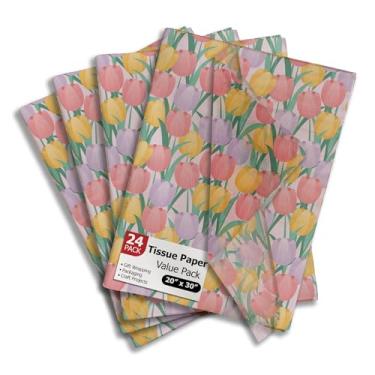 Imagem de Papel de seda impresso tulipas para sacos de presente ou caixas e embrulho - Papel de seda decorativo de primavera floral a granel para embalagem e presente | 24 folhas 50,8 cm x 76,2 cm