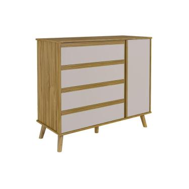 Imagem de Cômoda Infantil Théo 4 Gavetas 1 Porta em MDF sem Puxadores Off White Amendoa