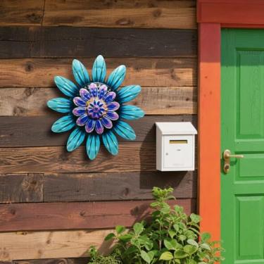 Imagem de Decoração de parede de flor de metal para cerca de jardim ao ar livre, arte de parede de metal floral durável com cores vivas, escultura de decoração de casa para pátio, quintal e jardim
