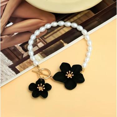 Imagem de Tornozeleira feminina com contas de pérolas falsas, boho, flor preta, fecho articulado, tornozeleira de verão, impermeável, hipoalergênica, fecho OT, boho, para filha, havaiana, praia, férias