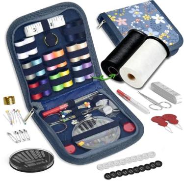 Imagem de Kit de costura presentes para vovó, mãe, amiga, viajante, adultos, iniciante, emergência, acessórios de suprimentos de costura com tesoura, dedal de agulhas de costura, linha etc. (flores silvestres