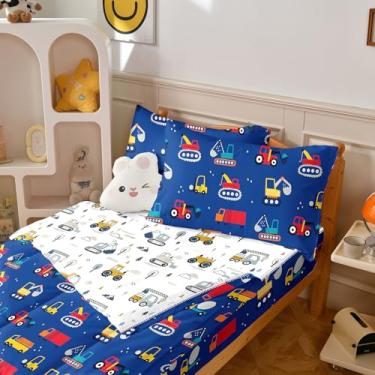 Imagem de Yadangxiawa Jogo de edredom infantil, solteiro com zíper, estampa de construção, caminhão, lençol com elástico e fronhas para todas as estações (solteiro)