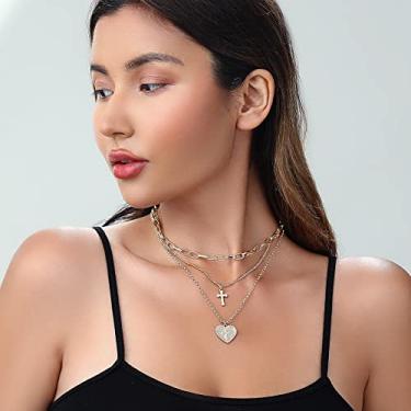 Imagem de 3 unidades modernas de colar de cruz em camadas de ouro para mulheres, banhado a ouro 14K delicado clipe de papel corrente gargantilha colares personalizados moeda coração pingente colar joia presente