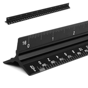 Imagem de Régua de escala arquitetônica de 30 cm, ferramentas de medição de arquitetura de metal de liga de alumínio imperial, réguas de escala de arquiteto triangular, preto