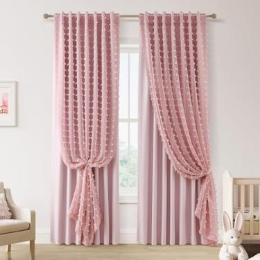 Imagem de Cortinas 100% blecaute rosa para quarto de meninas 213 cm de comprimento, 2 painéis de camada dupla, cortinas fofas com isolamento térmico, pompom, sobreposição, bolso traseiro, cortina blush para