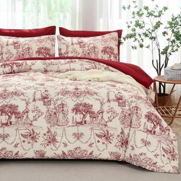Imagem de Xruibed Conjunto de edredom vermelho, tamanho casal, cama botânica Toile de Jouy, em uma bolsa, conjunto de edredom boêmio com lençol, fronhas, fronhas, microfibra macia para todas as estações, 224 x