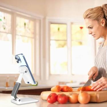 Imagem de Suporte telescópico dobrável ajustável de vários ângulos para mesa, suporte dobrável portátil, visualização para smartphones (branco)