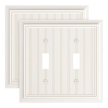 Imagem de Pacote com 2 placas clássicas para interruptores de luz de interruptor duplo, capas decorativas de fibra de bambu natural durável, placa de parede de 2 grupos de amêndoas claras