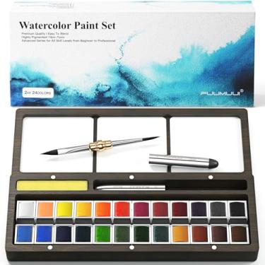 Imagem de Fuumuui Conjunto de tinta aquarela, 24 tintas de aquarela com pincel de aquarela de ponta dupla, paleta de madeira, materiais de arte para pintura, conjunto de aquarela de viagem, amadores amadores