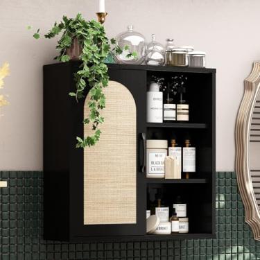 Imagem de RUSTOWN Armário de parede Boho Rattan, armário de banheiro de meados do século com porta deslizante, prateleiras ajustáveis, armário de armazenamento sobre o vaso sanitário (preto)
