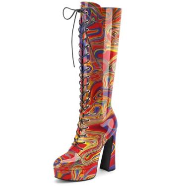 Imagem de Perisis Botas femininas com cadarço até o joelho plataforma salto alto grosso bico arredondado botas longas de couro envernizado com zíper, Lava vermelha, 42