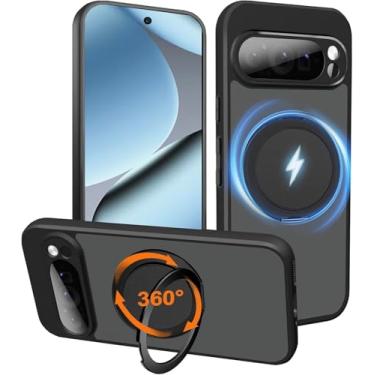 Imagem de HikerClub Capa com suporte magnético para Google Pixel 10 Pro (2025), suporte de anel giratório 360, ajuste fino, antiarranhões, translúcido, preto fosco, à prova de choque