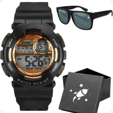 Imagem de Relogio Digital Infantil Menino Preto + Caixa + Oculos Sol Esportivo Qualidade Premium Cronometro