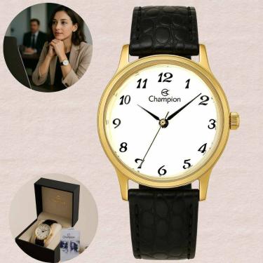 Imagem de Relogio Champion Feminino CN28008B Pulseira Couro Preto Quartz Analogico Resistente Agua 5 ATM Social Dourado