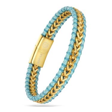 Imagem de WP WEPICK Pulseira masculina de couro trançado banhado a ouro 18 quilates para homens e mulheres Franco fecho de aço inoxidável joia presente 20 cm, 8.5 inch, Sem Pedra Preciosa