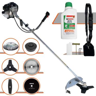 Imagem de Roçadeira Toyama TBC43H À Gasolina 43cc 1,7HP 6 Em 1 Com Carretel Nylon + Faca 2 Pontas, 3 Pontas, 40 Dentes e 80 Dentes + Escova de Aço + ÓLEO STIHL