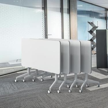 Imagem de ZDJZMGZ Mesa de sala de conferências, 2 mesas de conferência dobráveis de 10 pessoas com rodas, mesa de seminário retangular grande com tampa flip branca (4,55 cm C C x 21,6 cm L x 75 A)