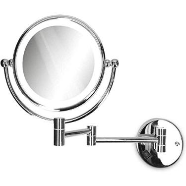 Imagem de Espelho de maquiagem LED para montagem na parede iluminado ampliação 3X espelho de banheiro 21,5 polegadas extensão latão cromado acabamento (21,6 cm 3X)