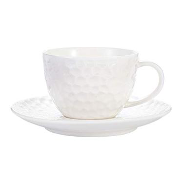 Imagem de Caneca de café expresso de 201 g com pires caneca de café de porcelana xícaras de chá de cerâmica, acabamento de xícara de café com design martelado, xícara de café branca