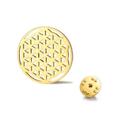 Imagem de Amaxer Broche de flor da vida de aço inoxidável mandala geometria sagrada proteção declaração decoração broche para jaquetas lapelas chapéus coleiras, Medium, Aço inoxidável, Sem Pedra Preciosa
