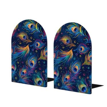 Imagem de Penas de pavão impressão colorida grande suporte de livros de madeira decorativo antiderrapante resistente terminais de livro para mesa de escritório em casa biblioteca de estudo escolar divisórias de