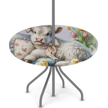 Imagem de hongjinglin Toalha de mesa de Páscoa para uso ao ar livre com orifício para guarda-chuva, toalha de mesa redonda elástica com zíper, impermeável, limpável, para piquenique, festa, pátio, serve para