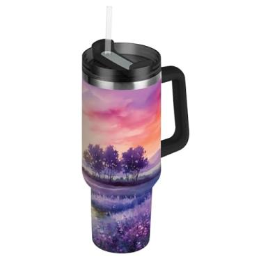 Imagem de Blueangle Copo de 1,134 g Pôr do sol em um campo roxo com alça e tampa de palha, caneca de viagem de aço inoxidável isolada a vácuo de parede dupla, garrafa de água reutilizável para academia de