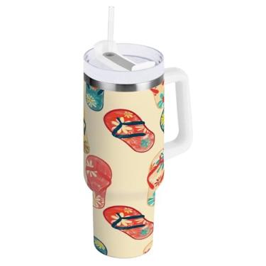 Imagem de Kigai Pantufa de praia colorida de 1,134 g com tampa e canudo, copo isolado de aço inoxidável durável à prova de vazamento com alça, garrafas de água à prova de derramamento para viagens