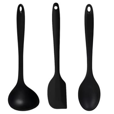 Imagem de Kit 3 Utensílios de Cozinha em Silicone Espátula Colher e Concha Premium Antirriscos Maleáveis Duráveis e Livres de BPA Ideais para Panelas Antiaderentes Preto 27cm