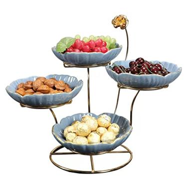 Imagem de YYBOES Tigela de frutas, fruteira, multicamadas, cerâmica, fruteira, casa, sala de estar, restaurante, secretária, decoração, tigela de doces, moldura metálica, prato de fruta, prato (cor: B) (A)