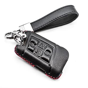 Imagem de INFIPAR Adequado para VW Volkswagen Tiguan Atlas Jetta Passat Golf Alltrack Push Start 2021 2020 2019 Capa de couro genuíno Smart Key Fob protetor de entrada sem chave, com chaveiro (5 botões, preto/vermelho)