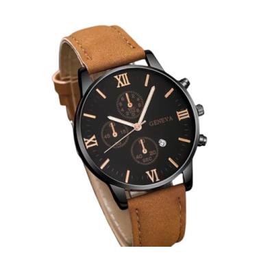 Imagem de Geneva Relógio Analógico Masculino, Cronógrafo com Pulseira de Couro Marrom, Mostrador Preto com Detalhes em Rose Gold, Quartzo