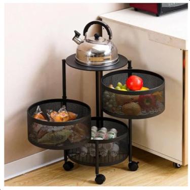 Imagem de Fruteira De Cozinha Organizador De Frutas e Legumes Preto 3 Andares Giratório Redondo Com Rodinhas Multiuso