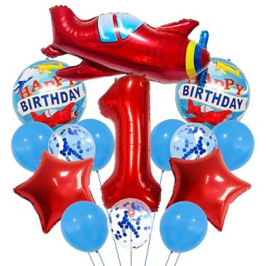 Imagem de Conjunto de balões número 1 de avião grande, decorações de 1º aniversário, artigos de festa com tema voador com céu vermelho, balões número 1 para meninos 1 ano de idade, decorações de aniversário de