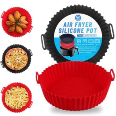 Imagem de Forma de Silicone para Air Fryer, Assadeira Antiaderente com Alças, 20cm, Preta e Vermelha, 2 Peças