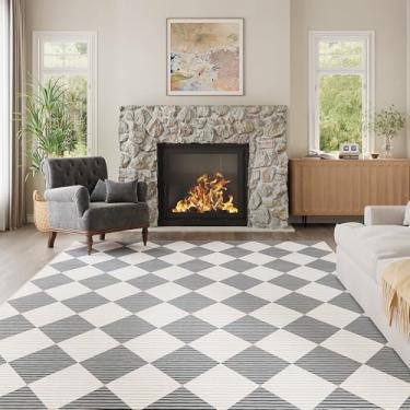 Imagem de ARKIIKI Tapetes xadrez laváveis 12 x 18 cm para quarto, tapete cinza e branco para sala de estar, tapete geométrico de lã sintética para crianças, meninas, sala de jogos, dormitório, berçário, sala de