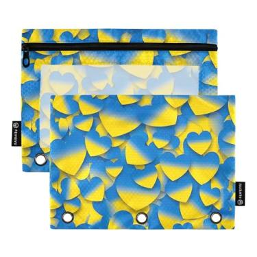 Imagem de Pasta de lápis com 3 anéis, corações azuis e amarelos, gradiente, fichário com zíper, bolsas coloridas para fichários escolares com bolsos fofos 25 x 18 cm, 2 pacotes