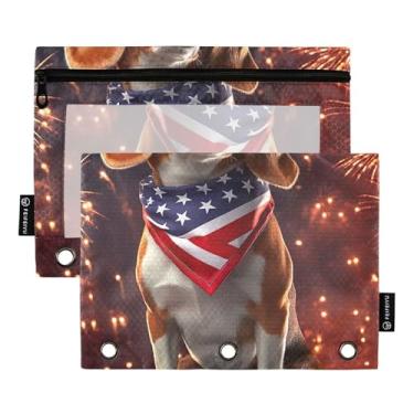 Imagem de GAIGEO Beagle Dog USA Bolsa de lápis americana para fichário de 3 anéis, bolsa de lápis com zíper, fichário escolar, bolsos transparentes, tecido 25 x 18 cm, 2 pacotes