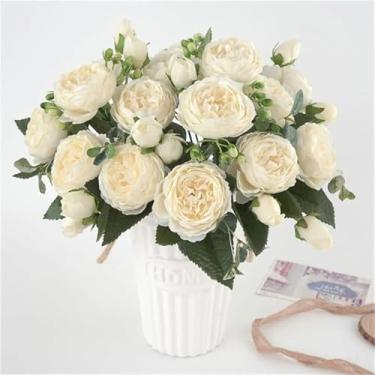 Imagem de Peônias flores artificiais, pequenas flores de seda para decoração de casa, buquê falso, arranjos florais falsos, mesa de jantar para cozinha, decoração de festa de casamento (30 x 15 cm) (branco)