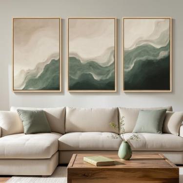 Imagem de Arte de parede abstrata grande emoldurada verde e bege para sala de estar, 3 peças modernas em tela neutra impressões de pinturas para paredes, imagens abstratas minimalistas para decoração de parede