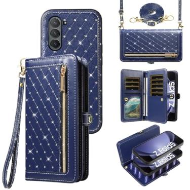 Imagem de Capa de telefone para Samsung Galaxy Z Fold 5 5G 2023 carteira com zíper destacável capa magnética alça transversal alça com glitter flip porta-cartões de crédito slots ZFold5 Z5 G Fold5 5Z feminino