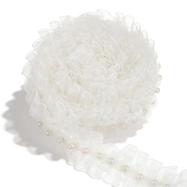 Imagem de Acabamento de babados brancos de 3 metros, 3 cm de largura, contas de pérolas, fita de renda, tecido de organza, acabamento de borda de renda para costurar, roupas, vestidos, colarinho, cortina