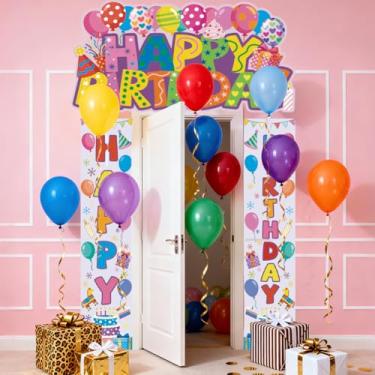Imagem de WADORN Decorações de banner de porta de feliz aniversário, balões coloridos, banners de bolo, varanda foto feliz aniversário pendurar cenários de fundo para mulheres, meninas, aniversários, decorações